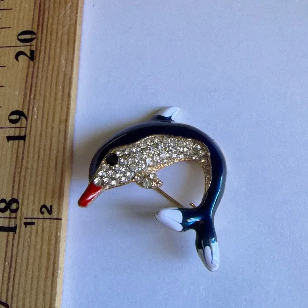 Vintage Enamel Dolphin Brooch Navy Blue Rhinestone Gold Tone Nautical Pin 1.5in